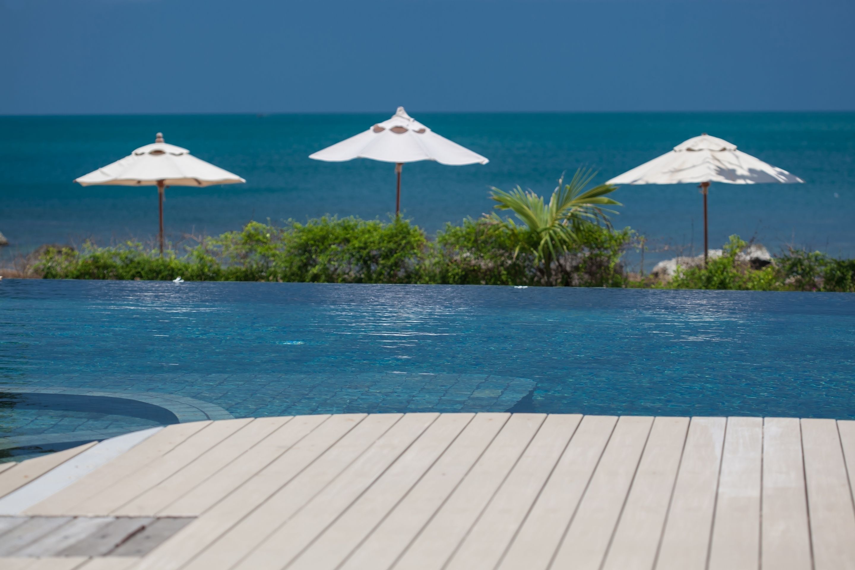 Zona de piscina con tres sombrillas y vista al océano.