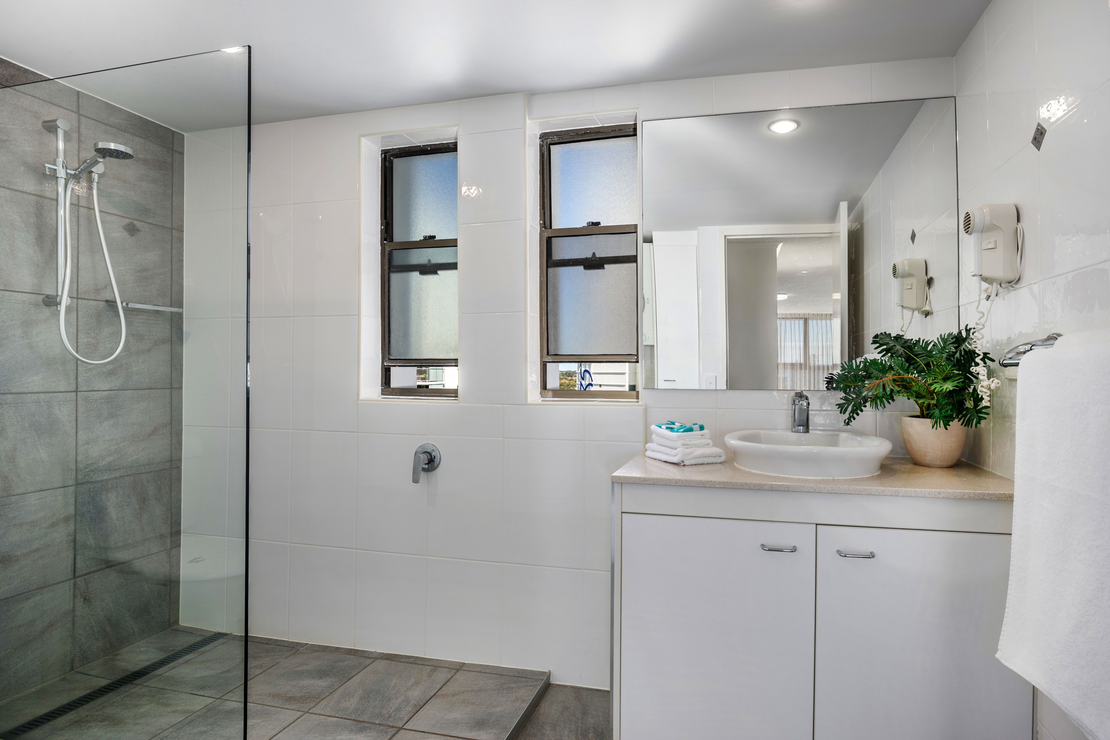 A modern bathroom with a glass shower enclosure, a sink with a mirror, and a potted plant.