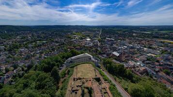 An aerial view of a city with a prominent historical building surrounded by residential areas and greenery.