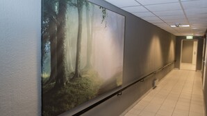 Un pasillo con un gran mural en la pared que muestra un paisaje forestal, una barandilla y piso de baldosas.