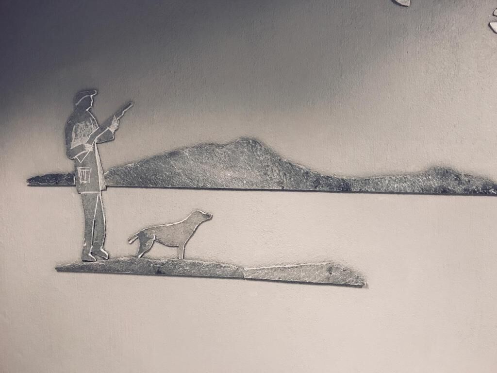 Una persona de pie junto a un perro sobre una superficie plana, con una montaña al fondo.