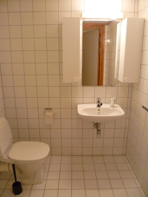 Casa de banho pequena e limpa, com azulejos brancos, sanita, lavatório e espelho sobre o lavatório.