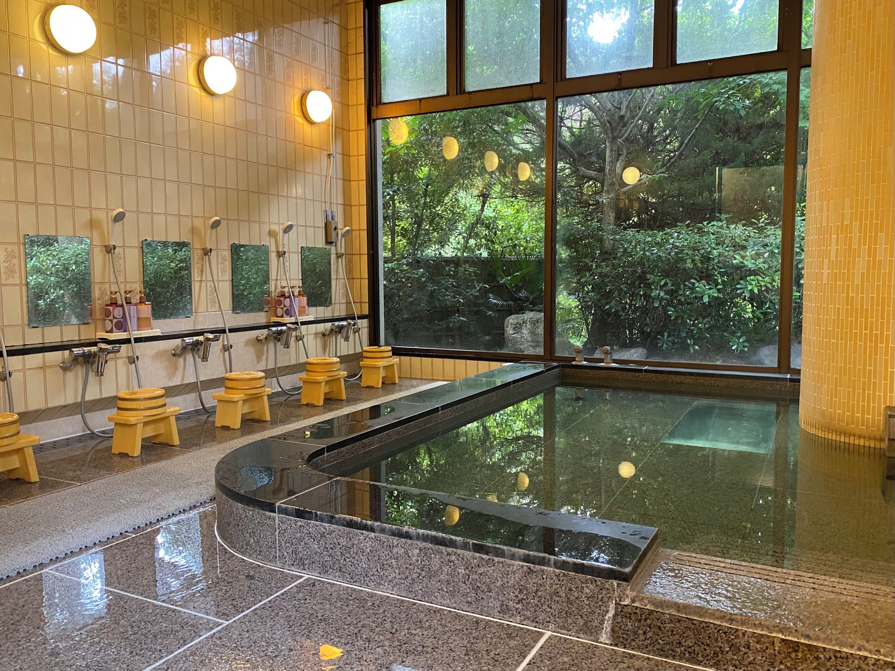 A modern bathroom with multiple showerheads, a glass-enclosed pool, and a view of greenery outside.