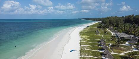 A beach resort with a long sandy shoreline, thatched-roof huts, and lush greenery.