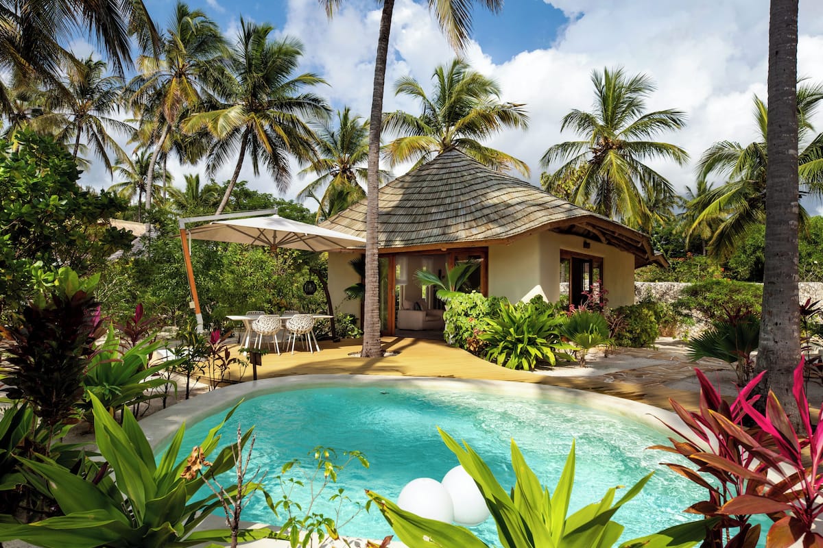 A pool area with a house, surrounded by palm trees and tropical plants.