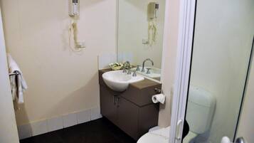 Un baño con lavamanos, espejo e inodoro.