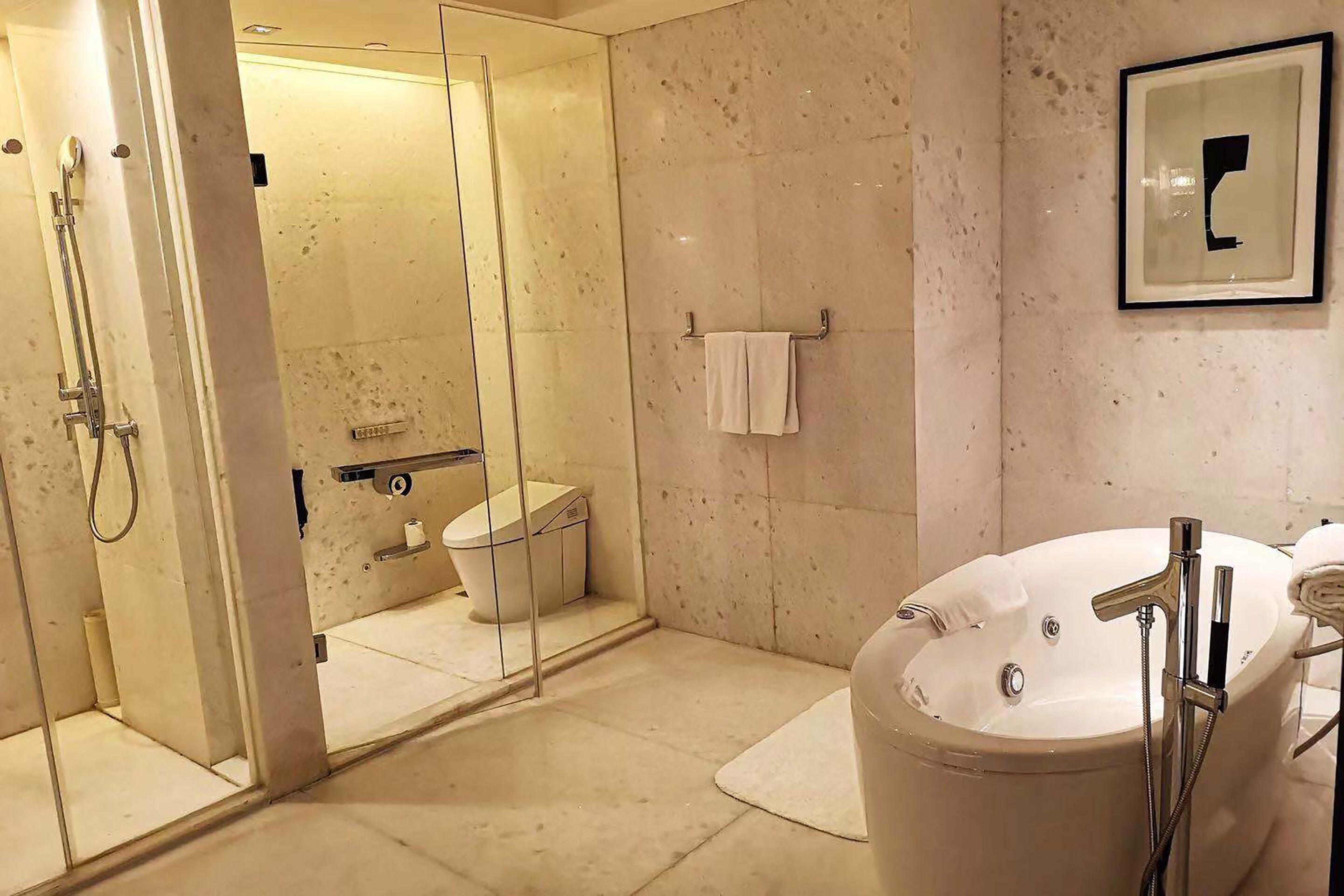 Een moderne badkamer met een glazen douchecabine, een bad en een toilet.