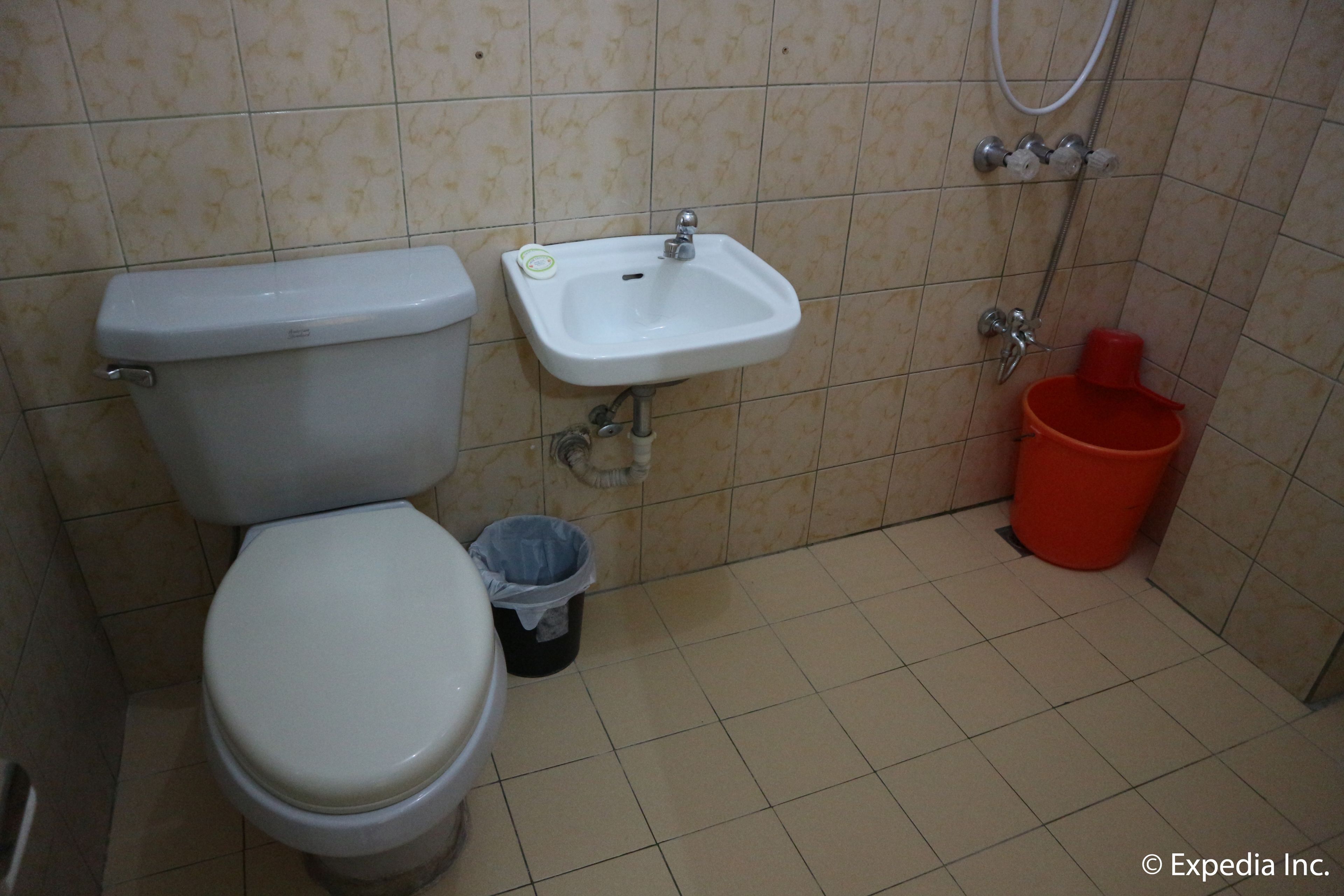A small bathroom with a toilet, sink, and shower.