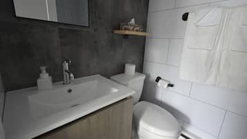 A modern bathroom with a white sink, a toilet, and a towel hanging on the wall.