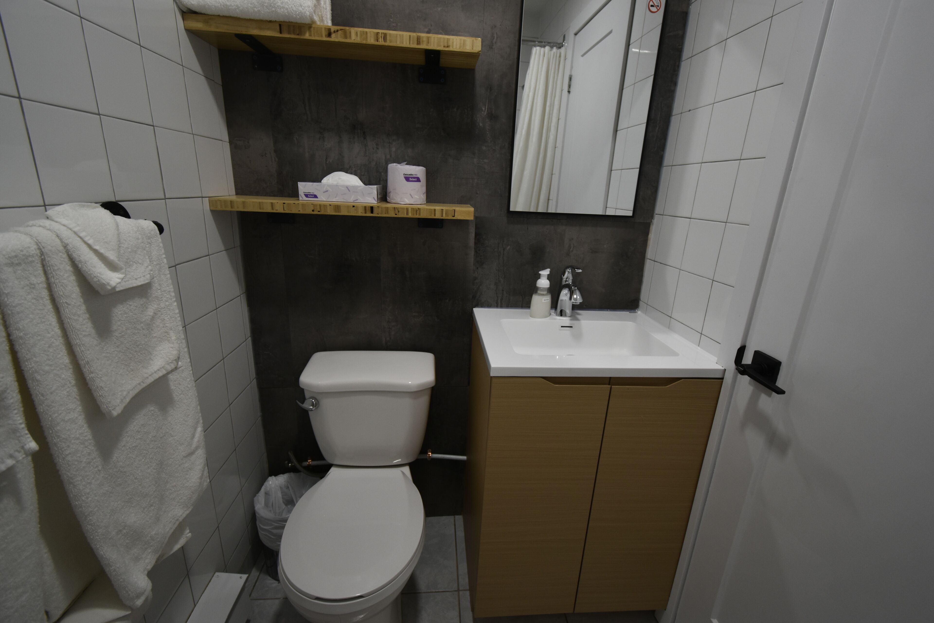 Een badkamer met toilet, wastafel en een handdoek aan de muur.