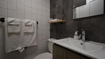 A bathroom with a toilet, a sink, and a mirror. There are two towels hanging on a rack.