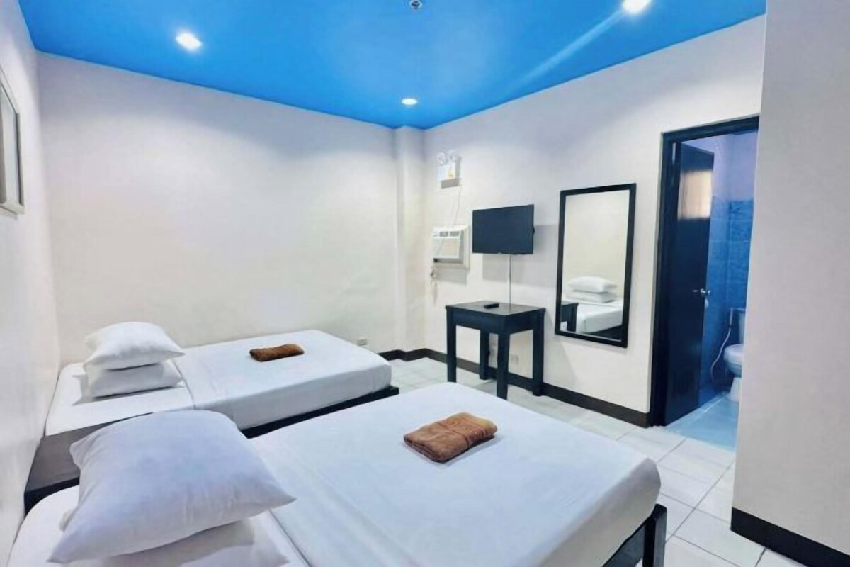 Habitación de hotel con dos camas, un televisor, un espejo y una mesita.