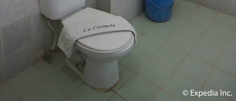 A small bathroom with a toilet, a shower, and a blue bucket.