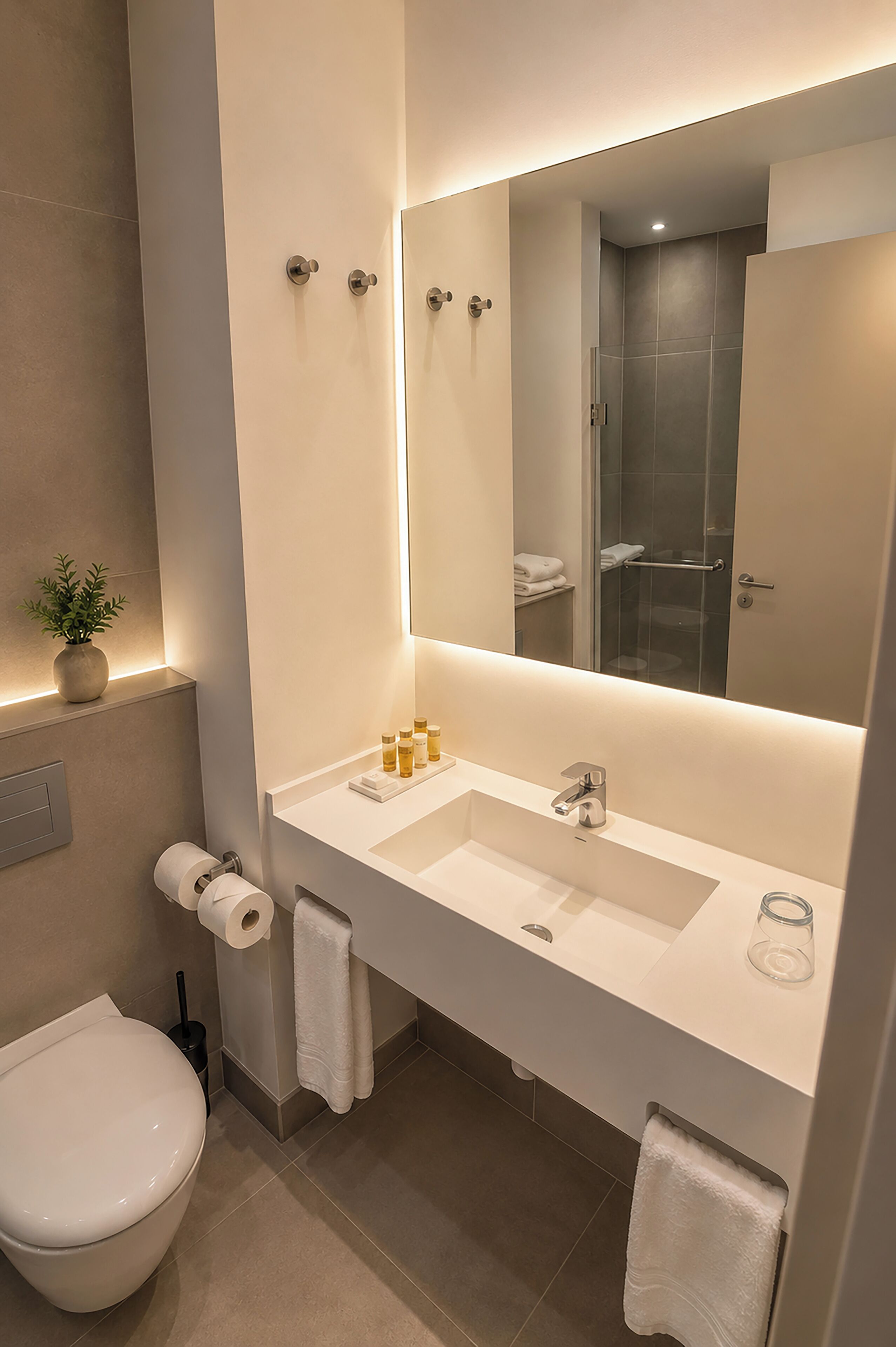 Une salle de bain moderne avec un lavabo blanc, un miroir et des toilettes.