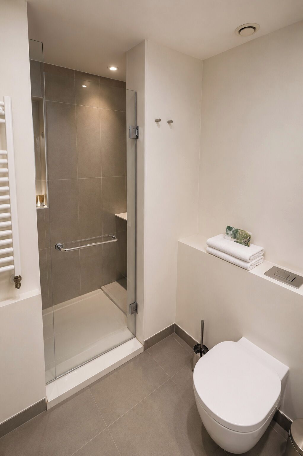 A modern bathroom with a glass-enclosed shower, a white toilet, and a small shelf with towels.