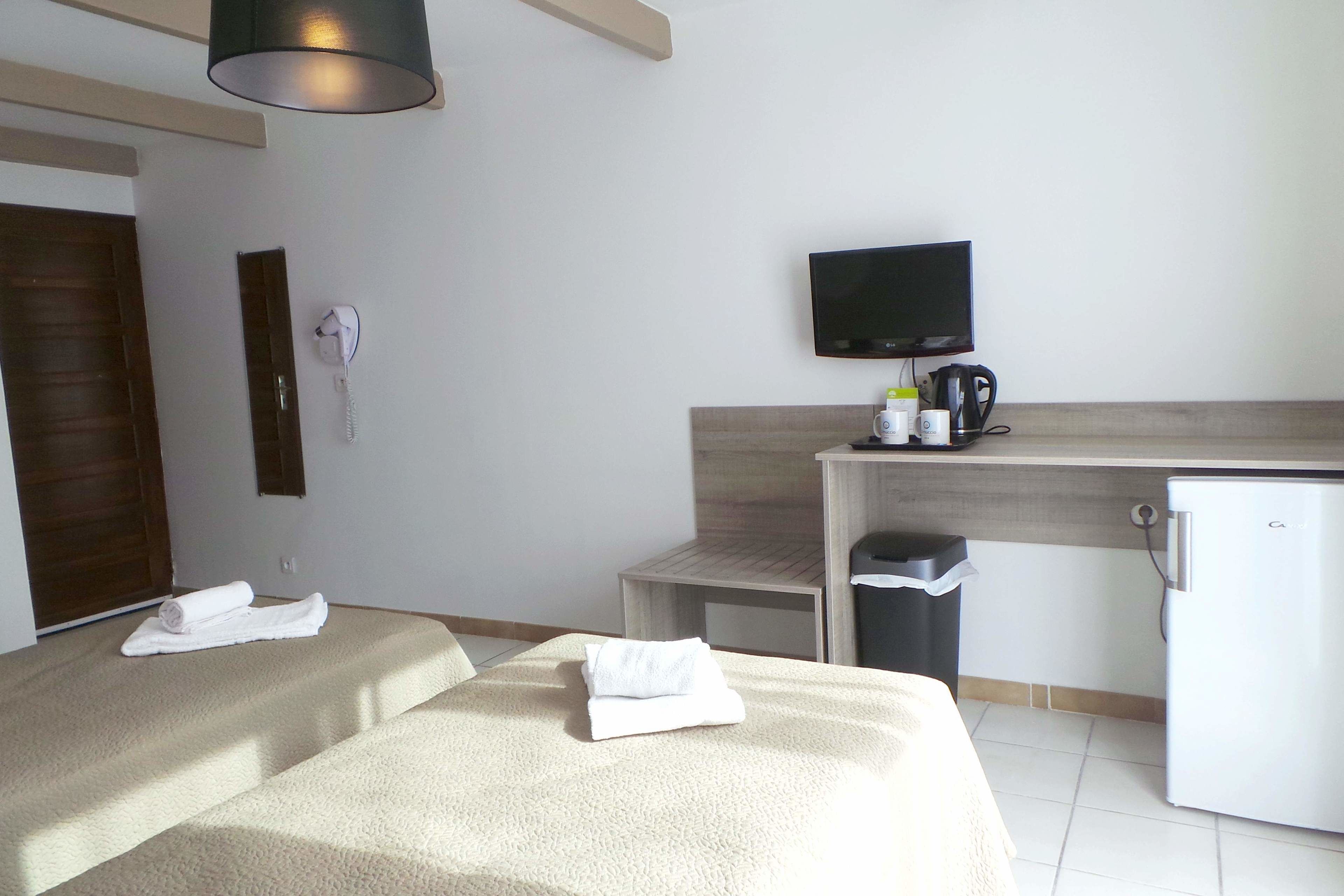 A hotel room with two beds, a desk with a television, a coffee maker, and a trash bin.
