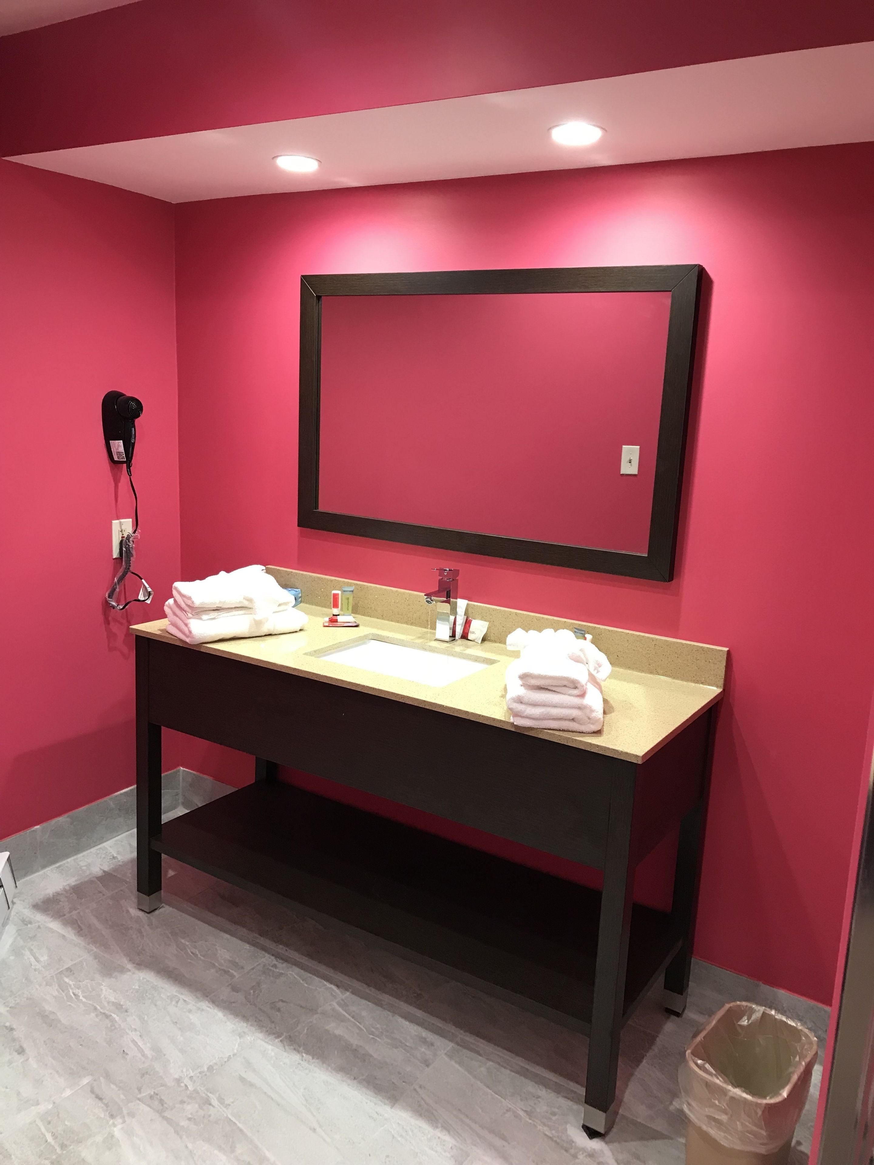 A bathroom with a double sink, a large mirror, and a hairdryer on the wall.