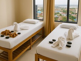 Sauna, aromatherapy, hot stone massages, body scrubs, facials, massages