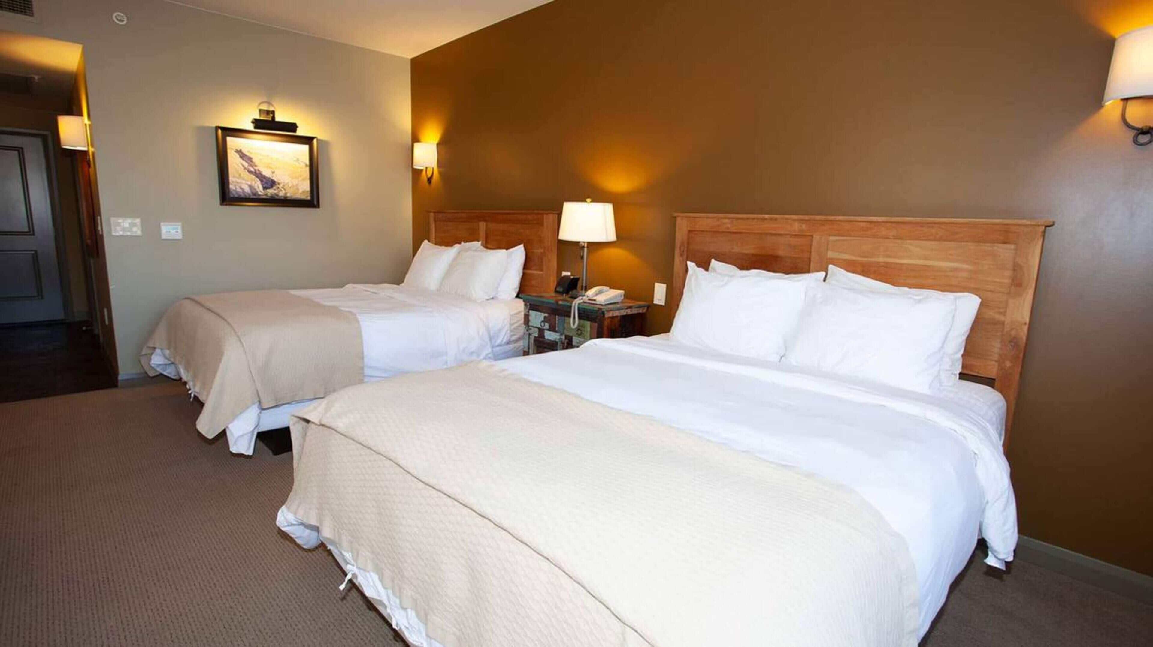 A hotel room with two beds, a bedside table with a lamp, a painting on the wall, and a carpeted floor.