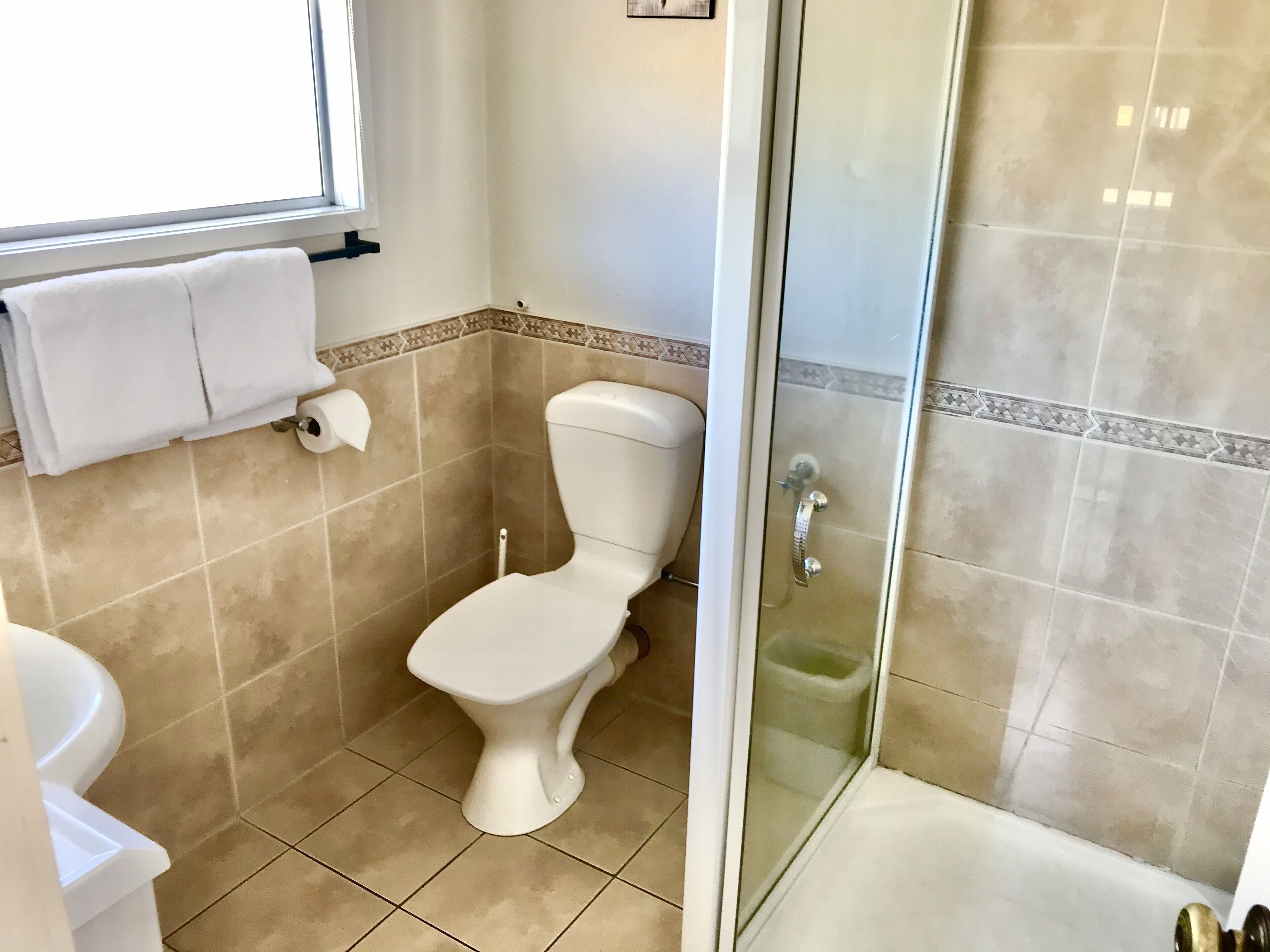 Ein Badezimmer mit Toilette, einer Duschkabine und einem Fenster.