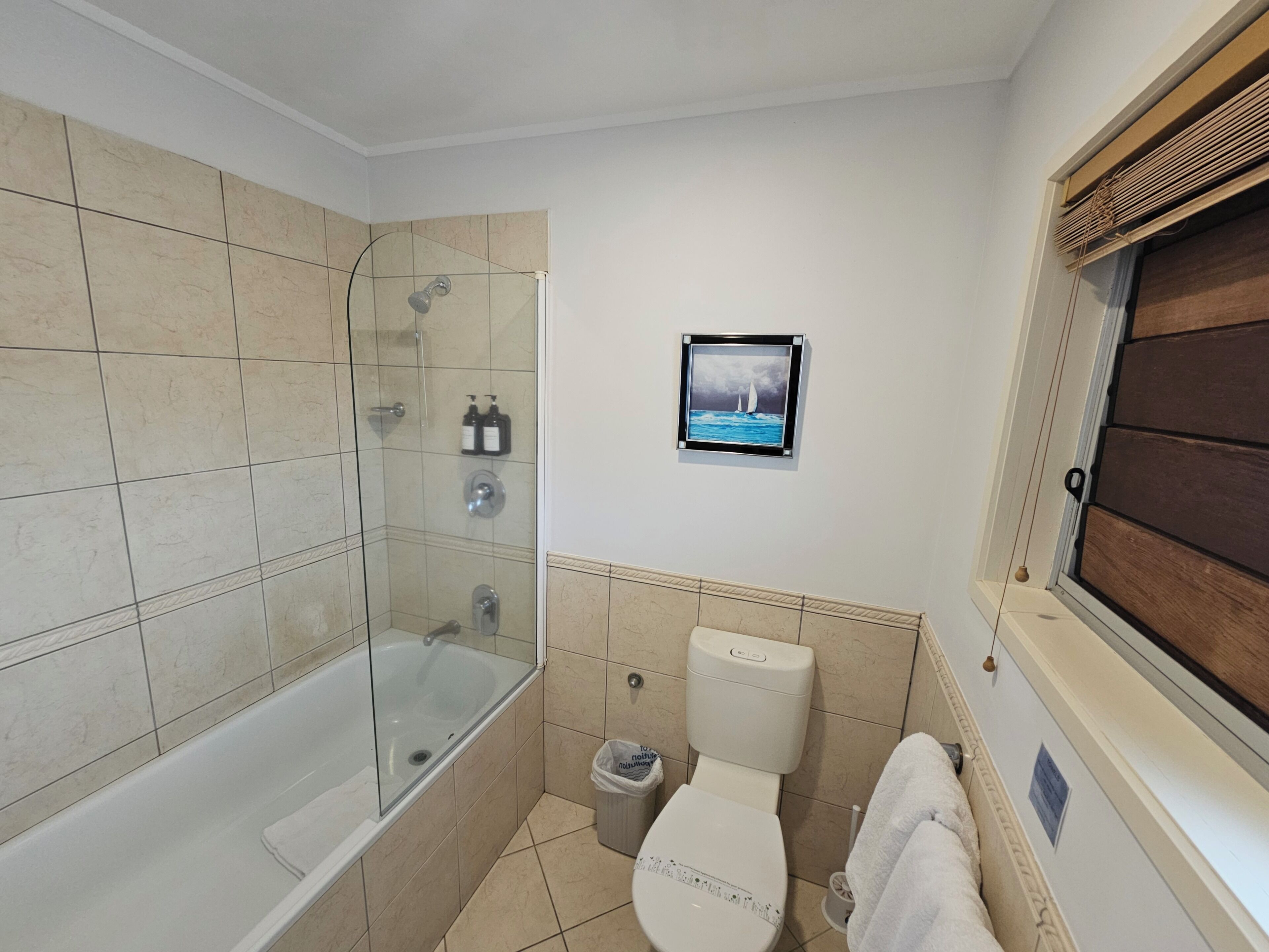 Une salle de bain avec une douche à parois de verre, des toilettes et un lavabo.
