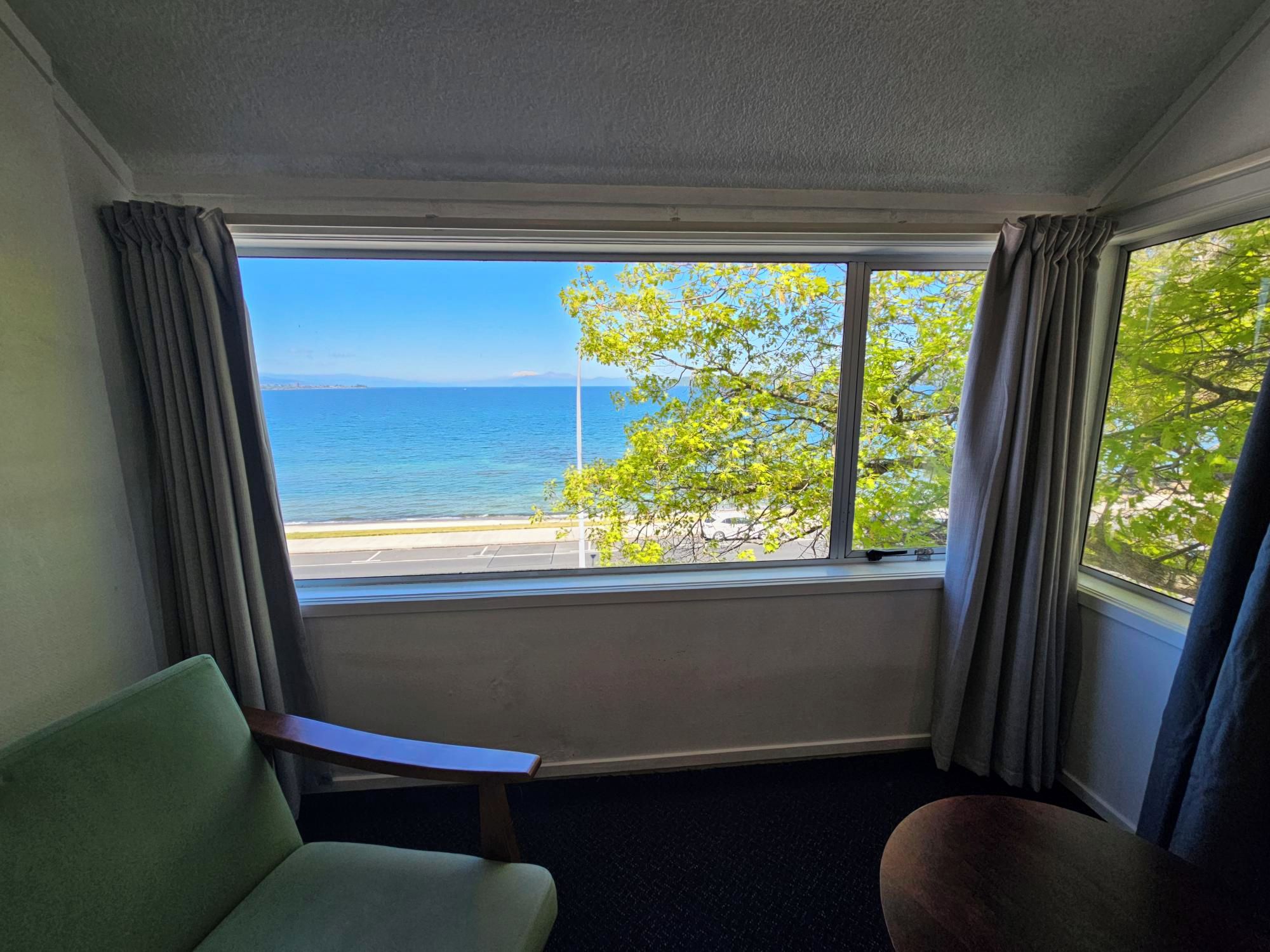 A room with a view of the sea and a tree, a green chair, and a small table.