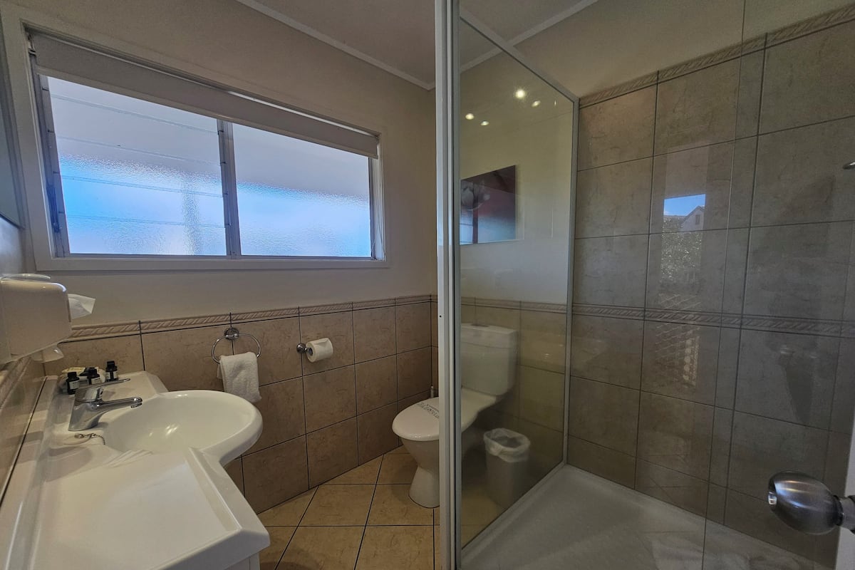 A bathroom with a sink, toilet, and glass-enclosed shower.