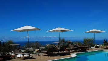 Piscine extérieure, chaises longues