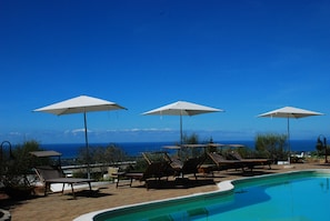 Piscine extérieure, chaises longues