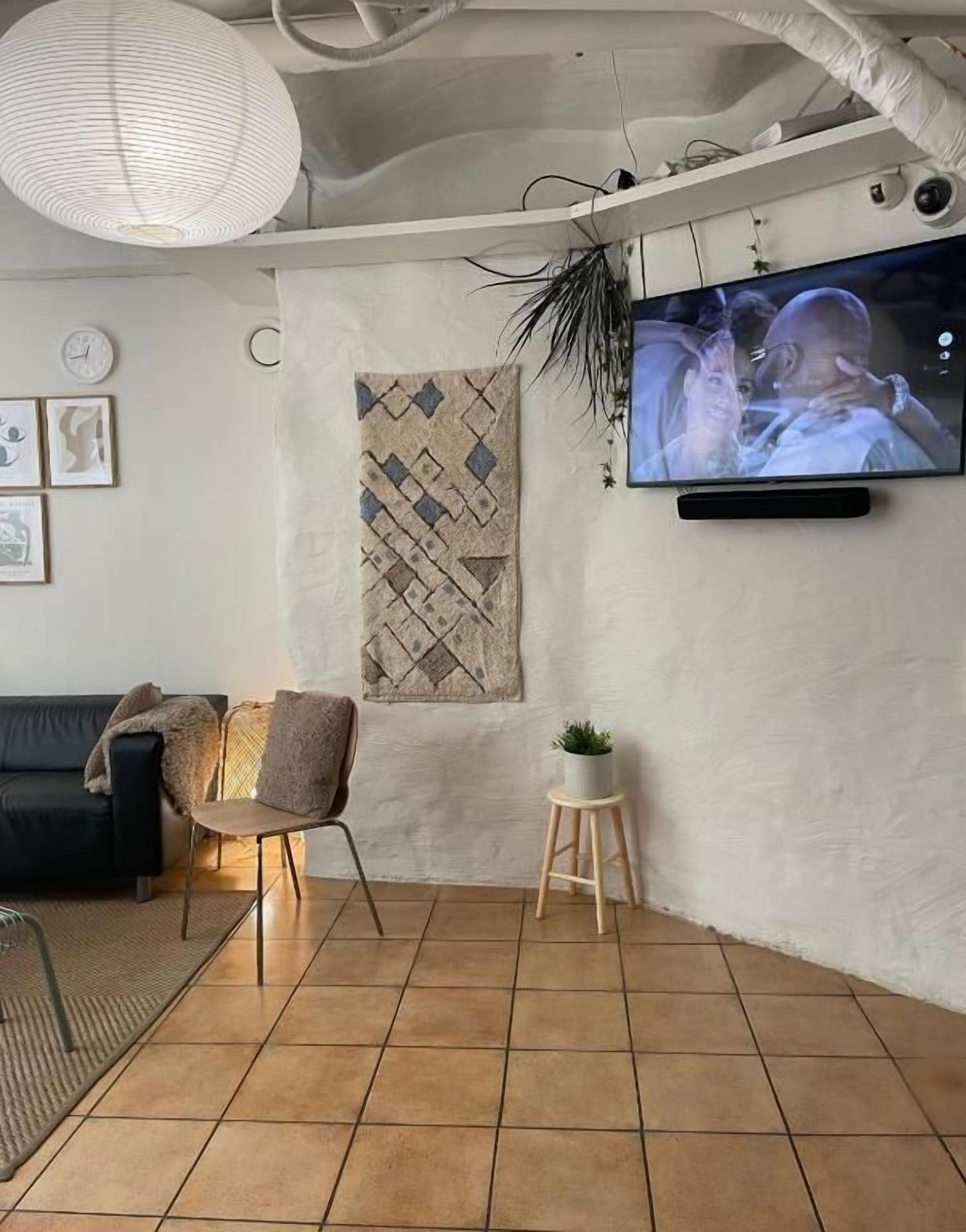 Una sala de estar con televisor, sofá, sillón, una mesita con una planta y un adorno en la pared.