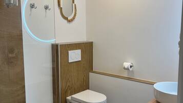 A modern bathroom with a glass shower enclosure, a white toilet, a wooden vanity with a sink, and a wall-mounted mirror.
