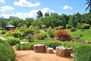 Un jardín con un pabellón, un arroyo pequeño y diversas plantas y árboles.