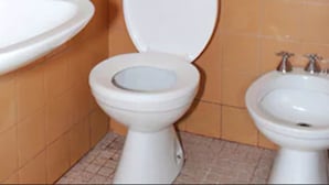 Ein Badezimmer mit Toilette, Bidet und Waschbecken.