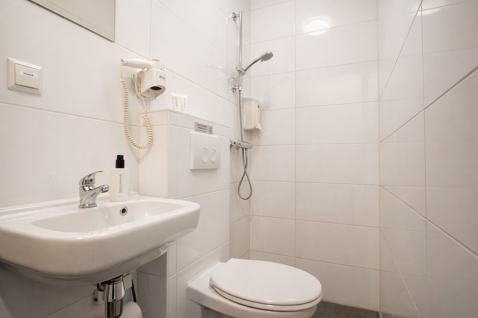 A bathroom with a white sink, a toilet, and a shower.