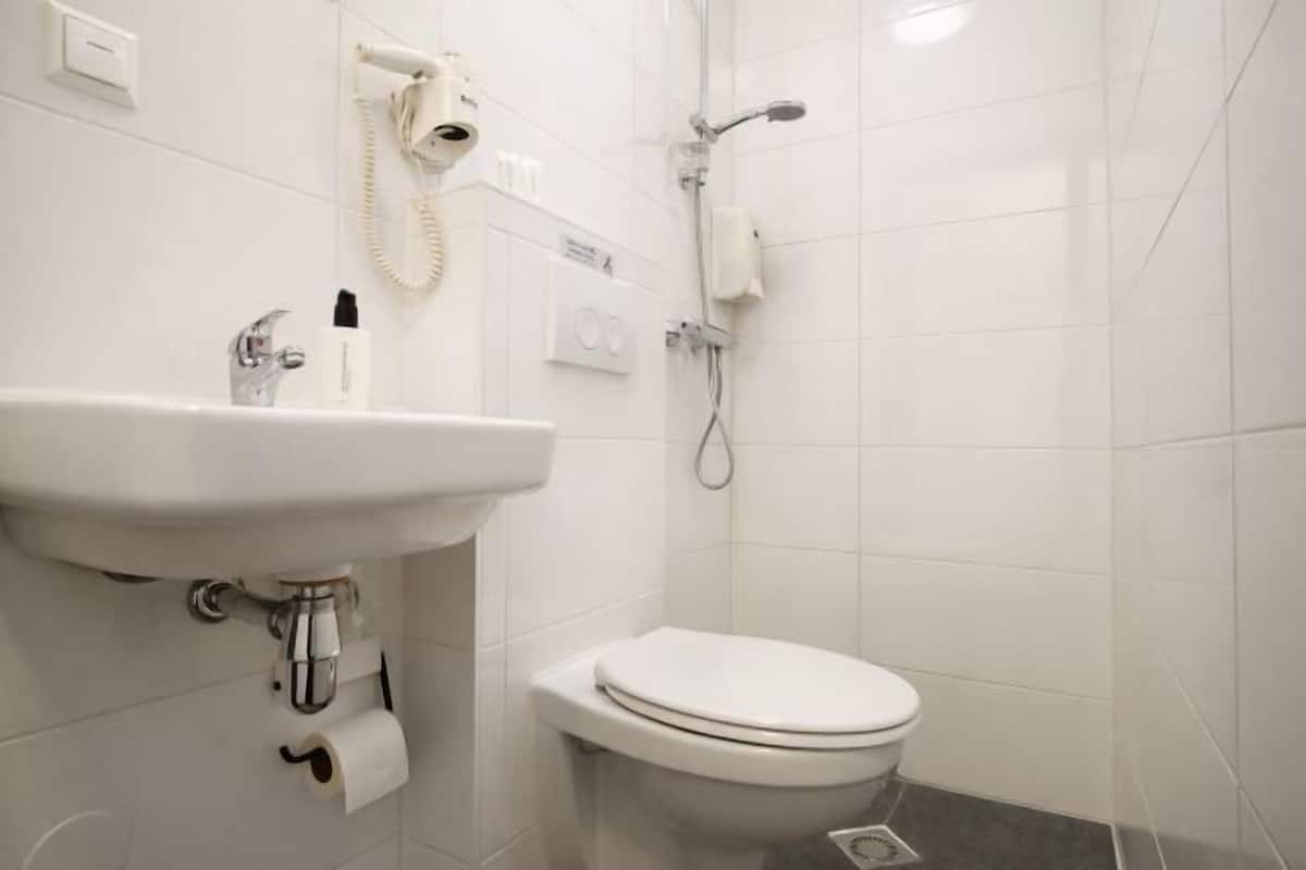Un baño con lavamanos blanco, inodoro y ducha con cabezal de ducha manual.
