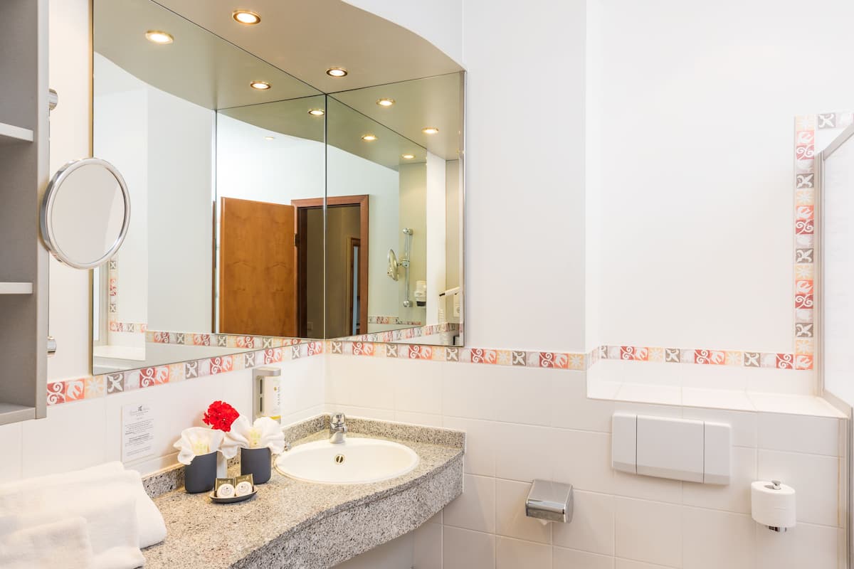 shower, hair dryer, bathrobes, slippers