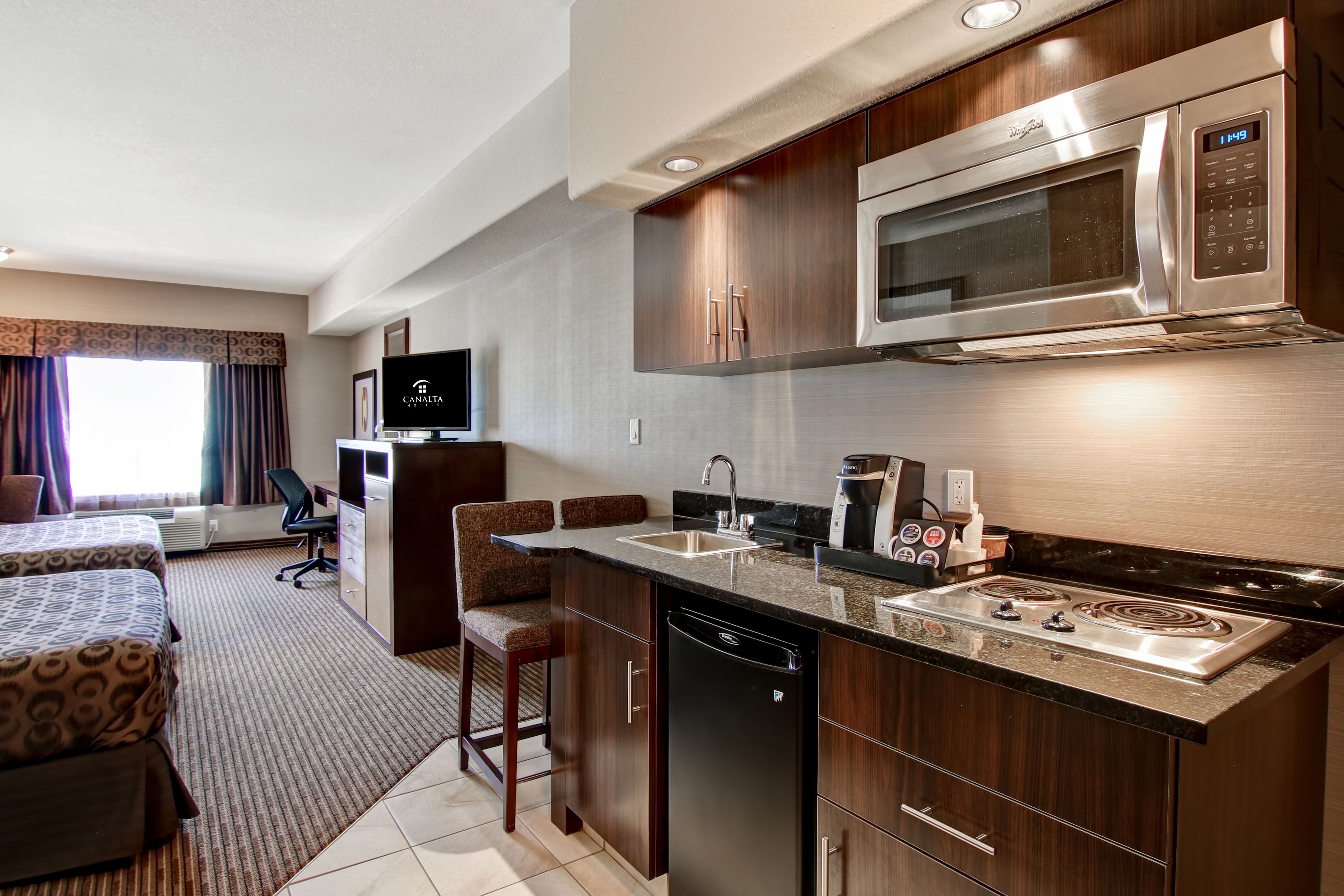 Fridge, microwave, coffee/tea maker