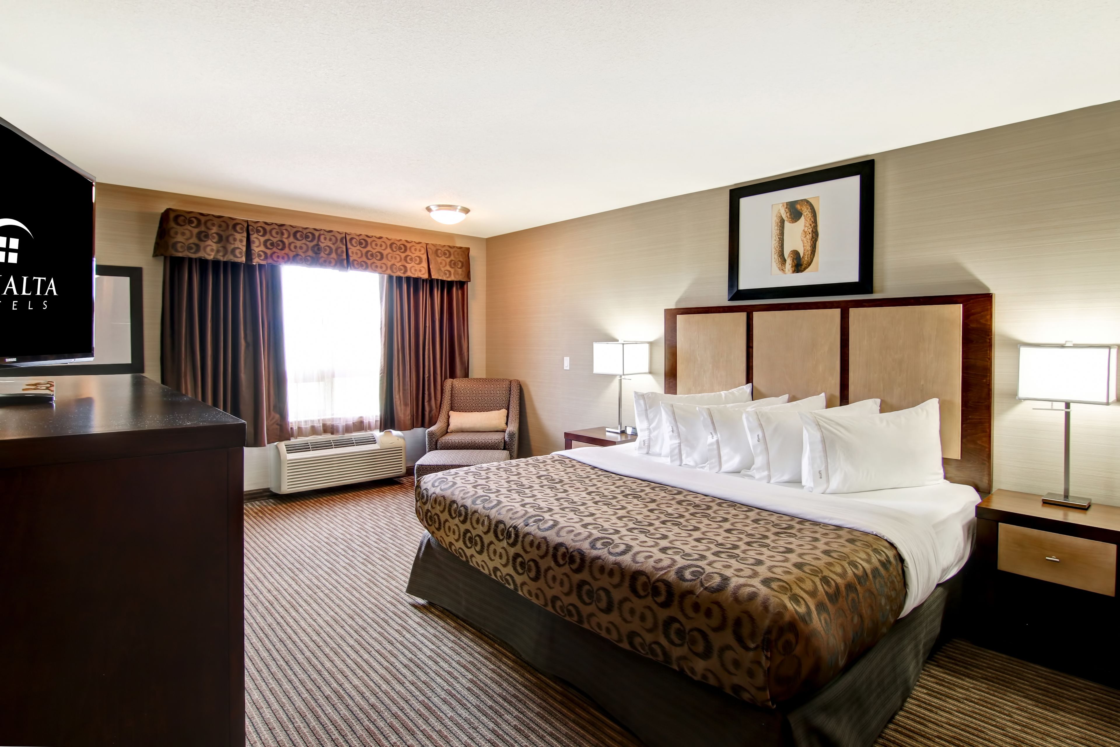 A hotel room with a large bed, a desk, a chair, a TV, and a framed picture on the wall.