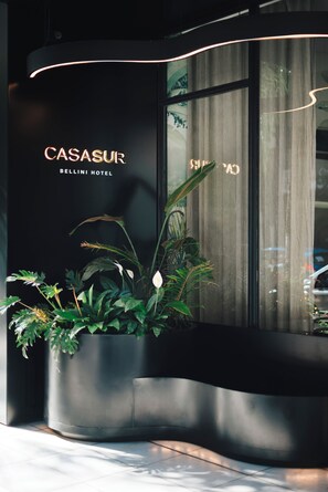 A modern hotel entrance with a large potted plant, a curved facade, and the name 'CASASUR BELLINI HOTEL' displayed.