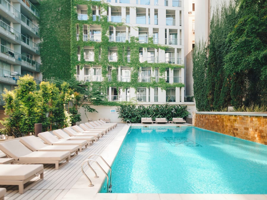 Outdoor pool, pool umbrellas, sun loungers