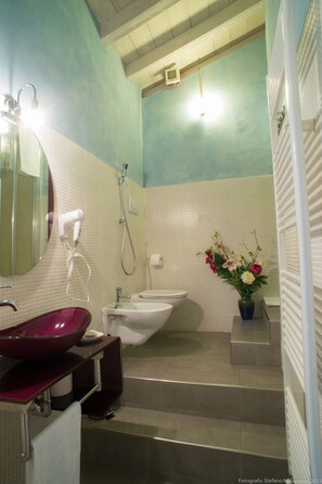 Shower, free toiletries, hair dryer, towels