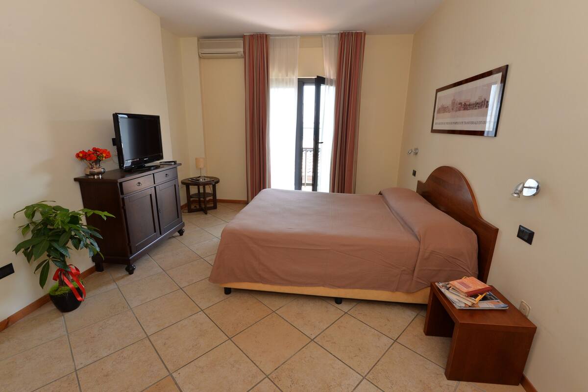 A hotel room with a bed, a television on a cabinet, a small table with books, a potted plant, and a framed picture on the wall.