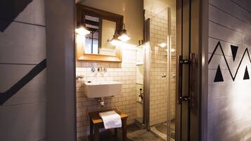 A modern bathroom with a sink, mirror, and shower.
