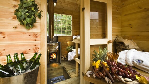 A wooden cabin interior with a fireplace, bottles in a bucket, and a table with fruits and snacks. - Ulfsunda Slott (Bromma)