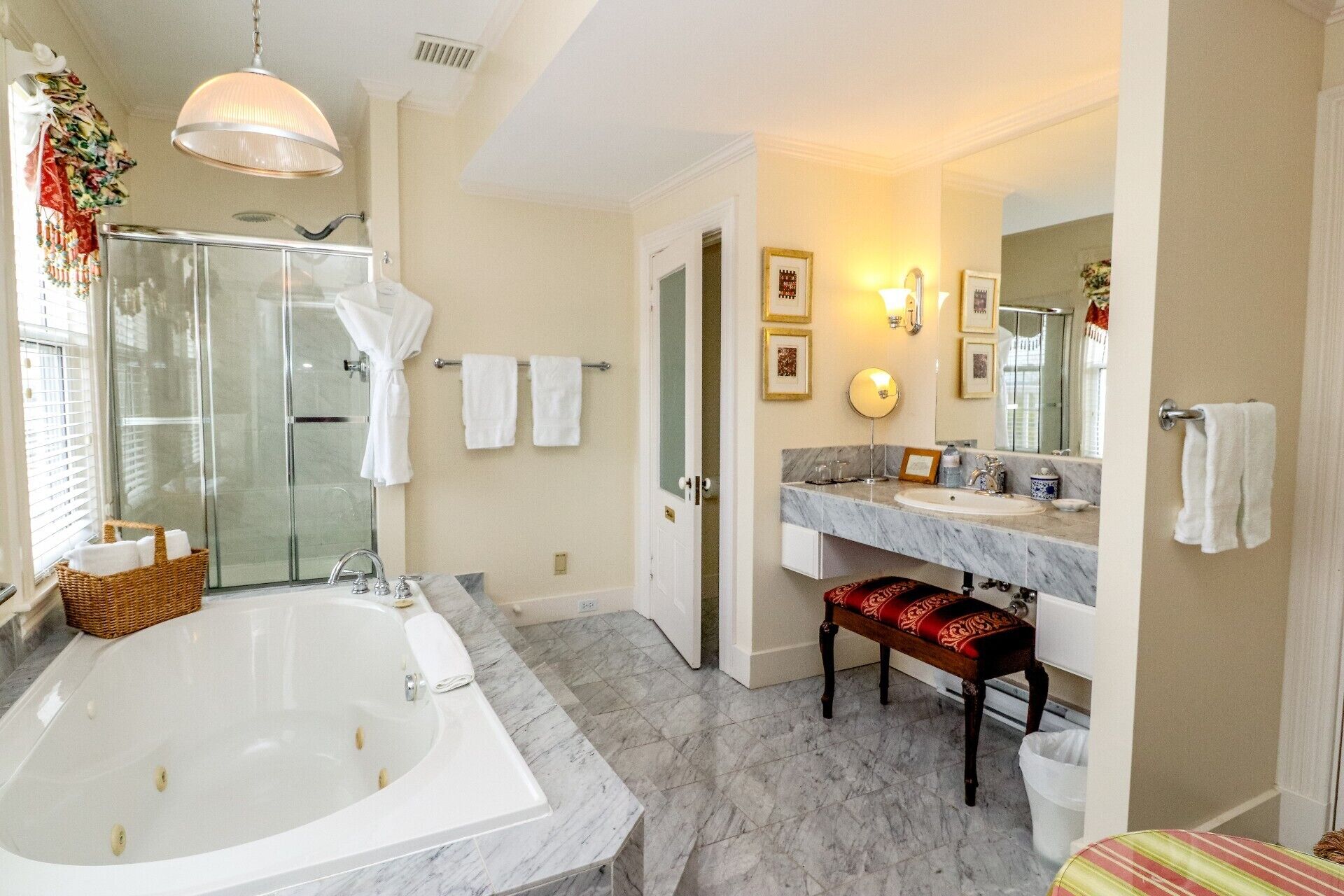 shower, designer toiletries, hair dryer, bathrobes