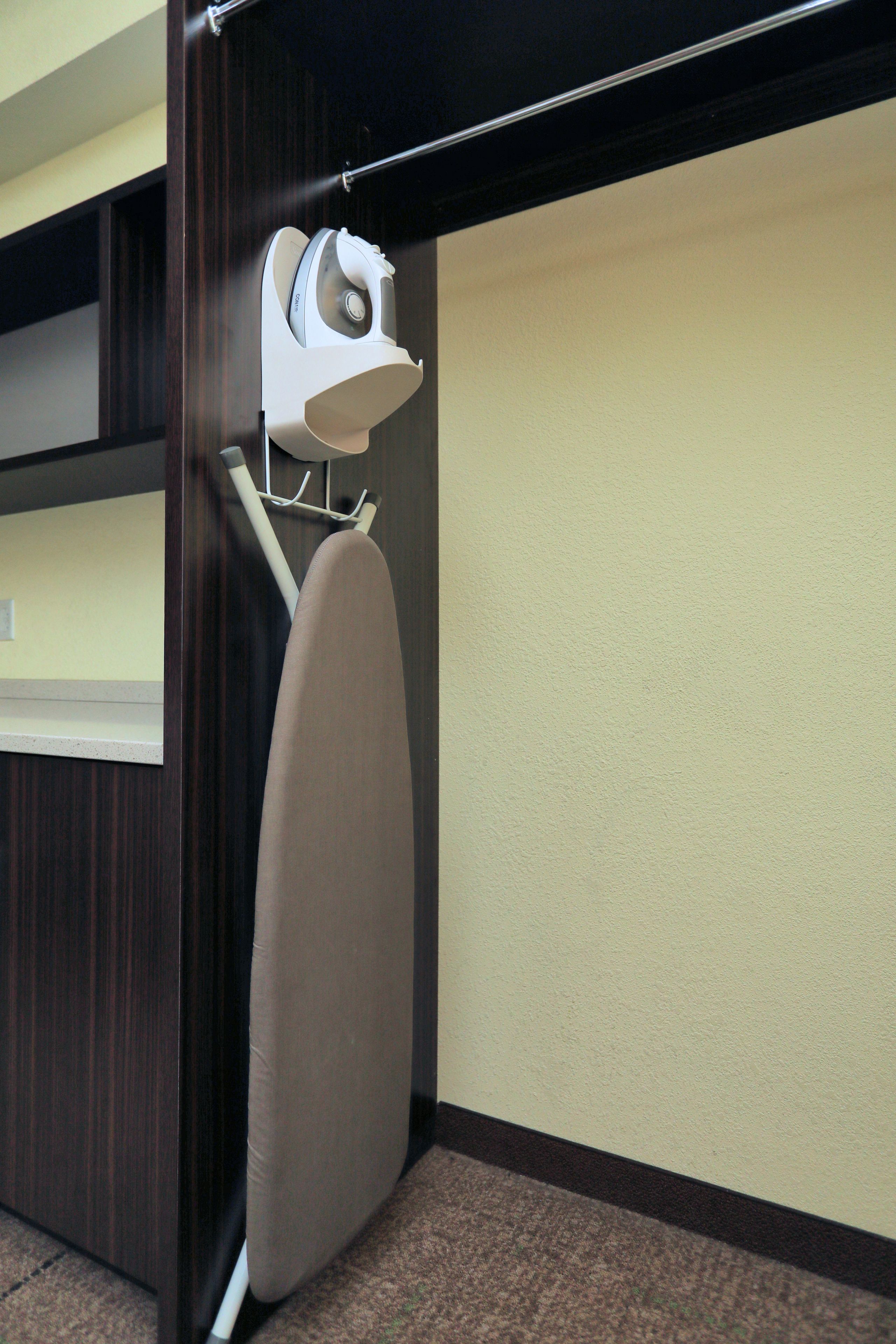 hypo-allergenic bedding, blackout curtains, iron/ironing board