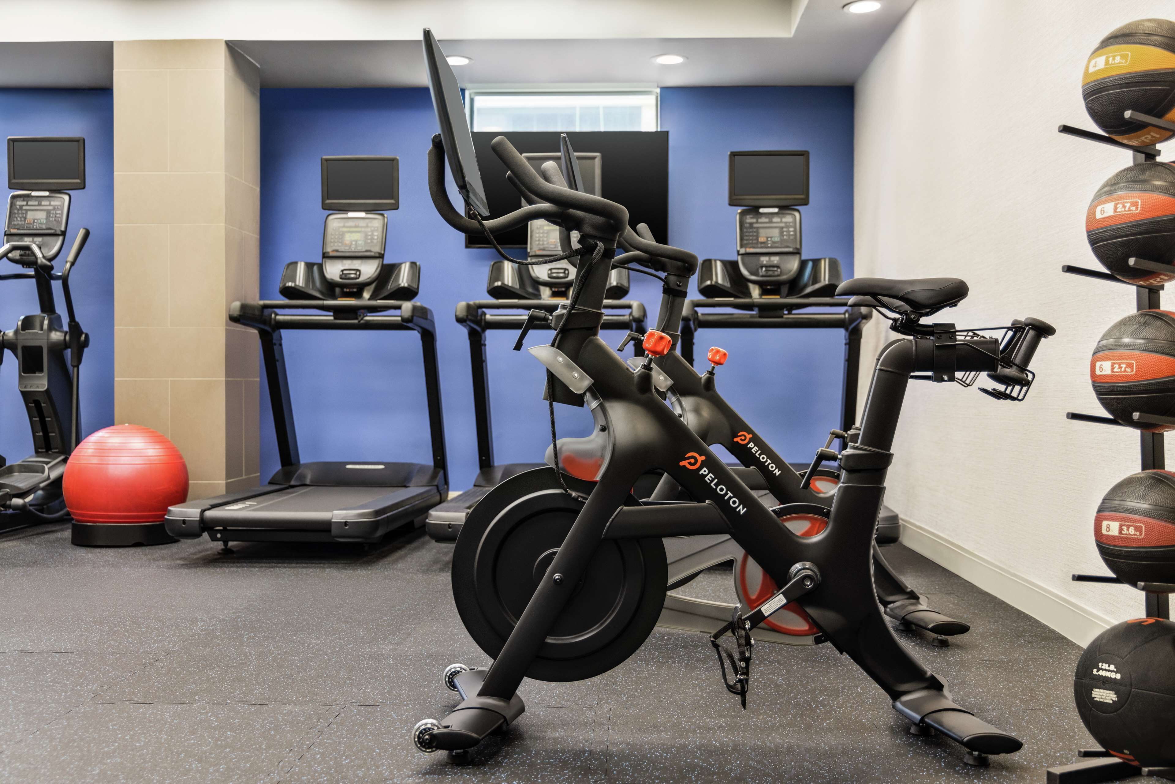 A gym with stationary bikes, treadmills, and exercise balls.