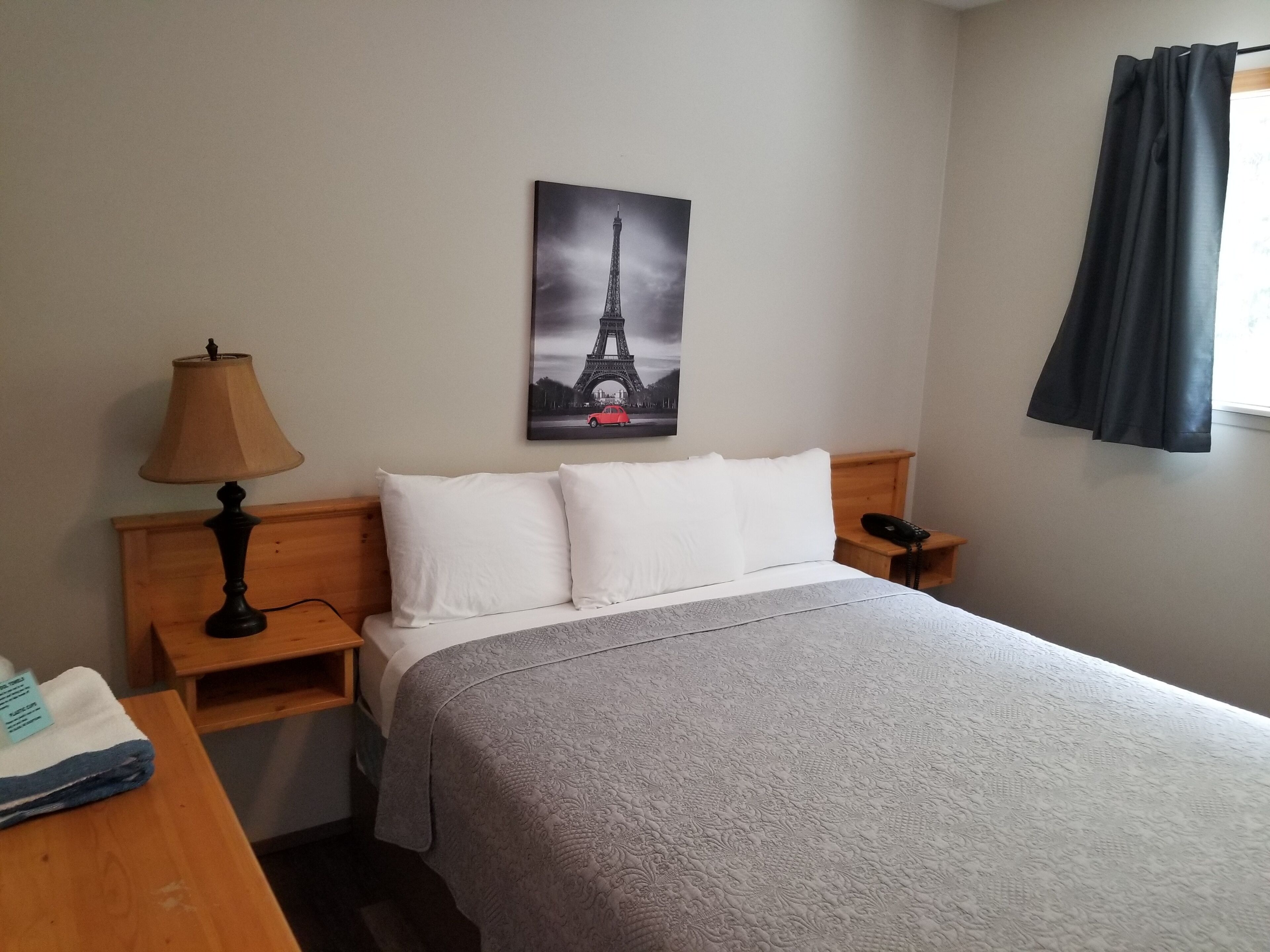Habitación de hotel con una cama, una mesita de noche con lámpara, un teléfono, un cabecero de madera y una imagen de la Torre Eiffel en la pared.