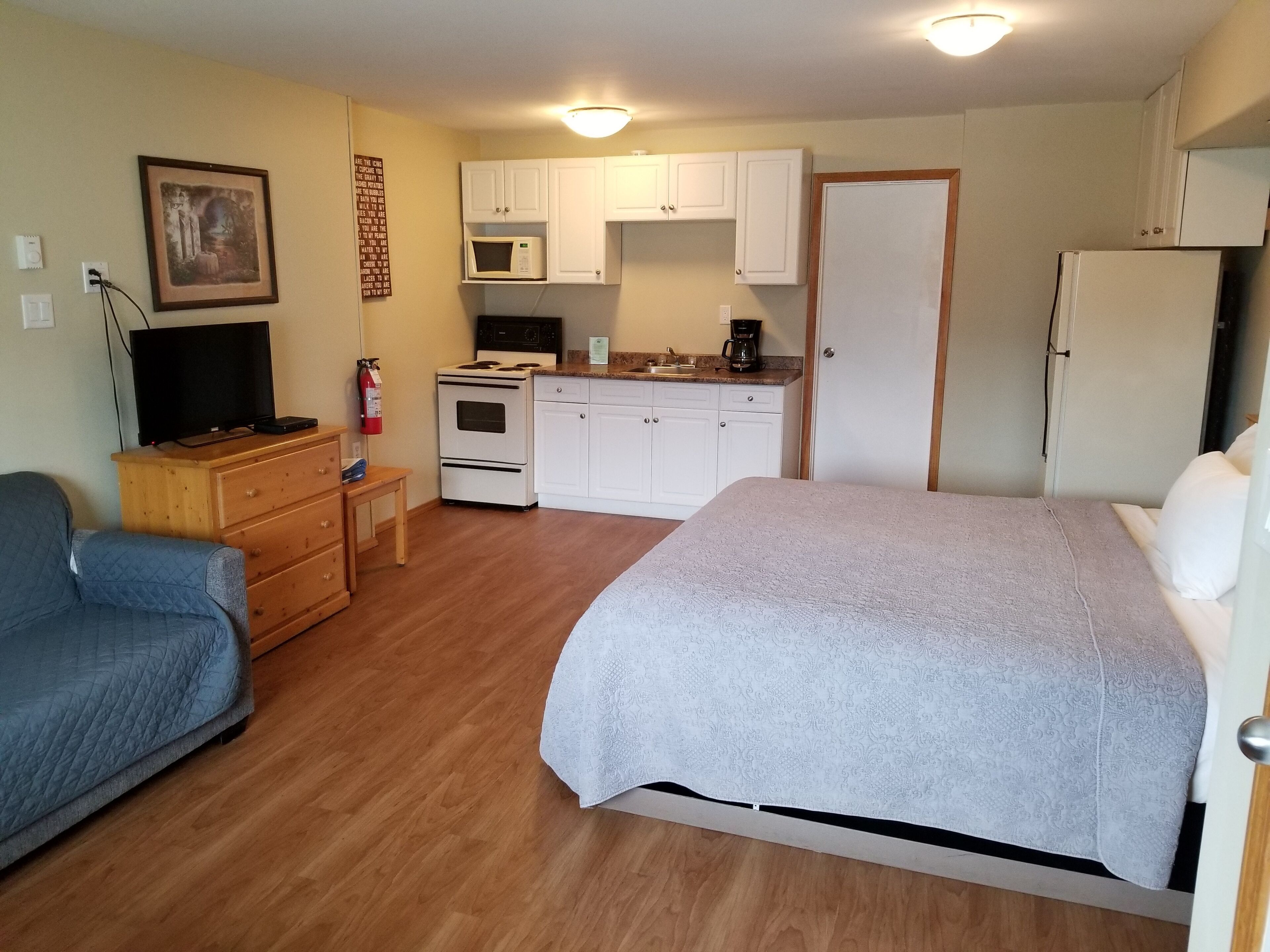 A compact room with a bed, a sofa, a kitchenette, and a television.