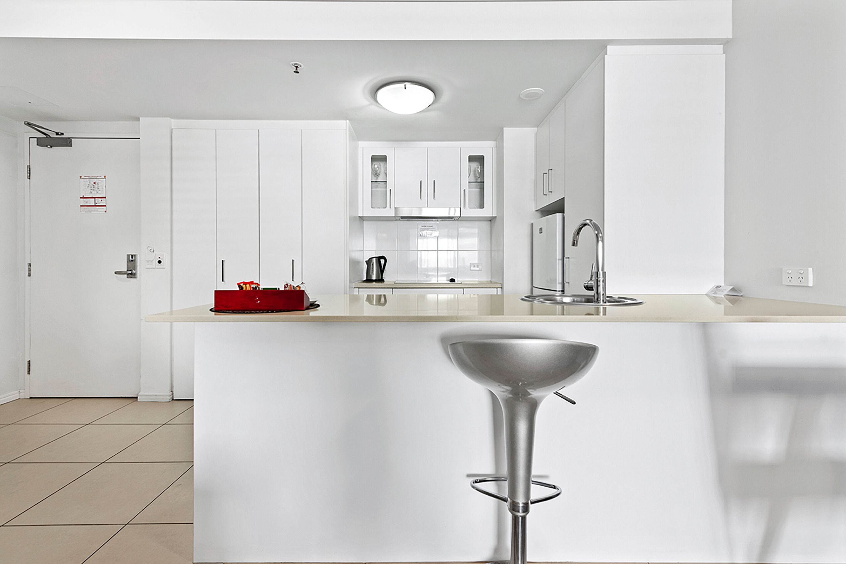 fridge, microwave, coffee/tea maker, electric kettle